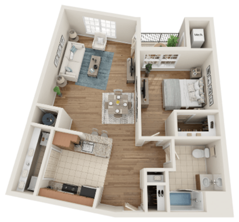 Floor plan for 1 bed, 1 bath, 788 sqft